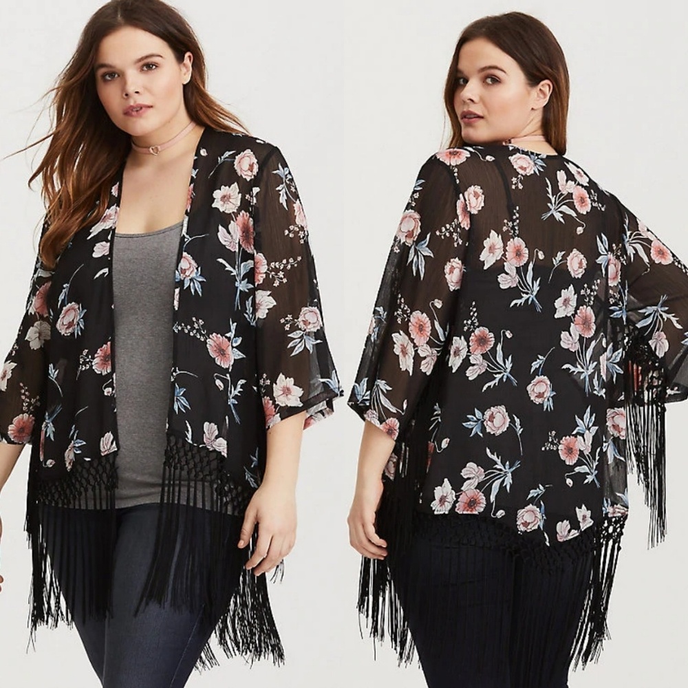 Torrid Black Floral Fringe Kimono Boho Festival - Picture 1 of 9